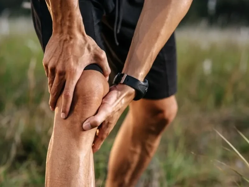 Runner pausing outdoors to grip his knee